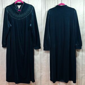 Amanda Stewart Vintage Velvet House Dress Green Long Sleeve Maxi 90s Lounge 3X